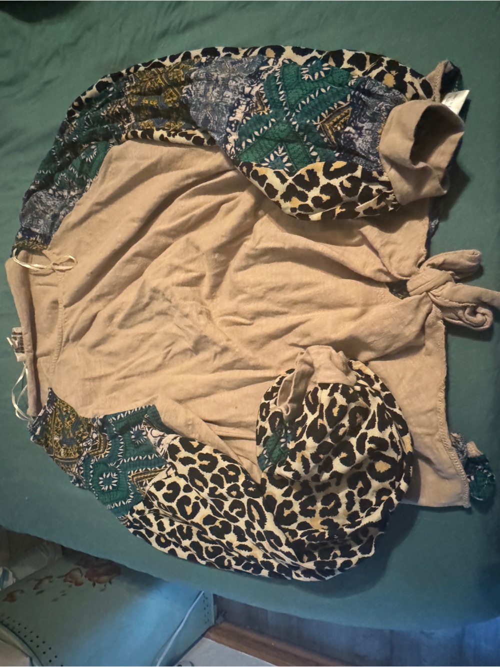 Umgee Beige Top with Teal Patchwork and Leopard Trim